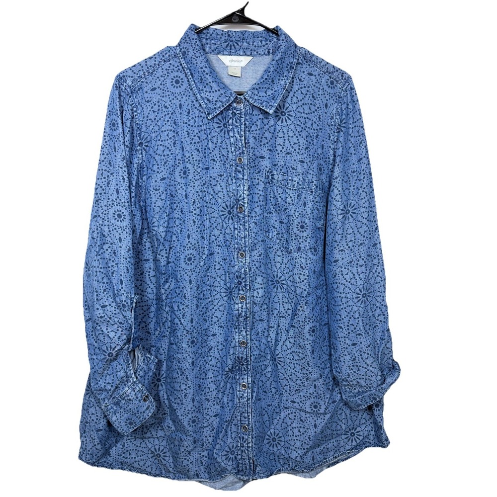 CJ Banks Denim Button Up Shirt Womens 1X Blue Floral Chambray Casual